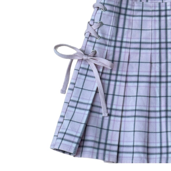 Lace up plaid mini skirt cotton candy pink school girl skater barbie - Picture 3 of 9